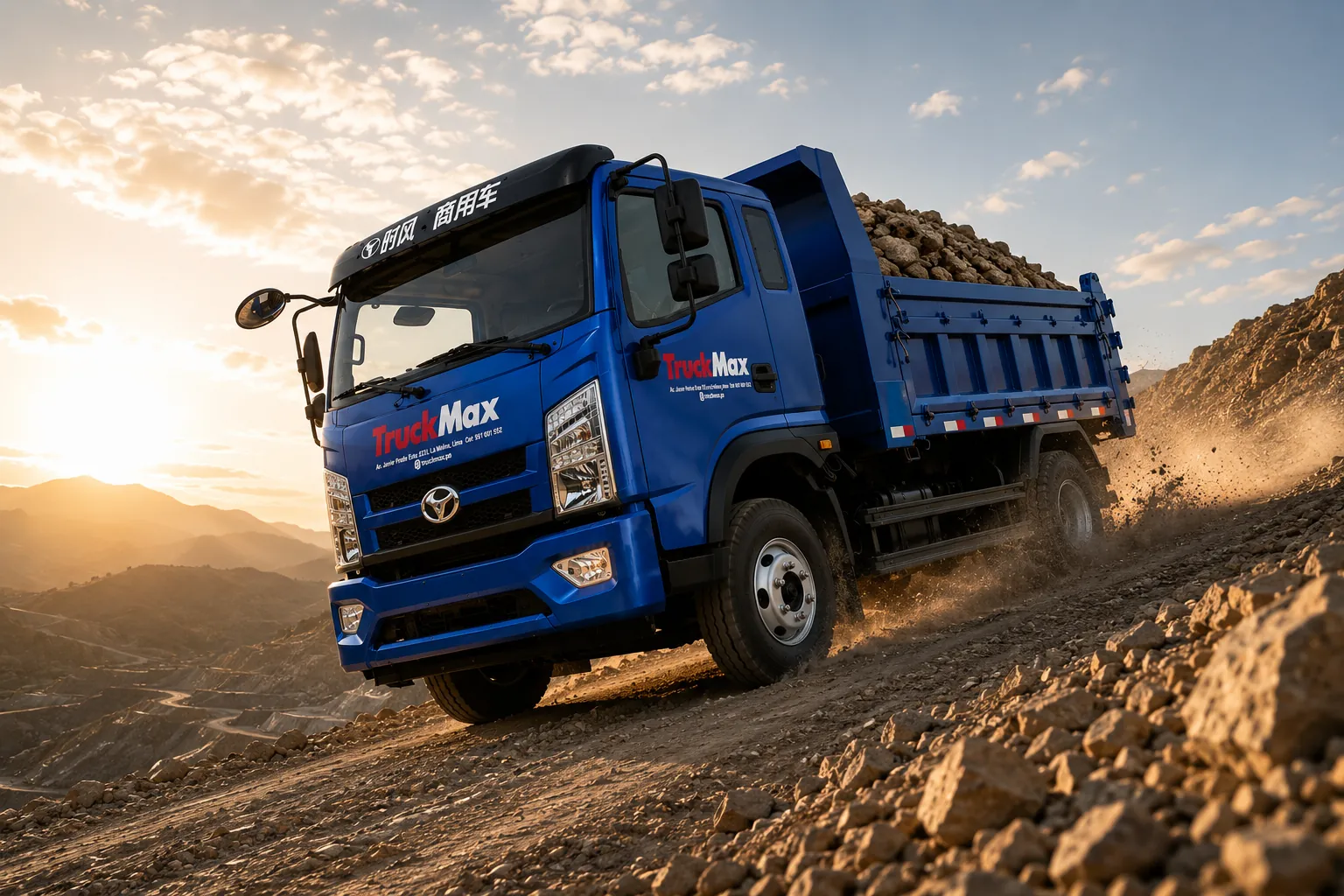 Volquete TruckMax azul cargado avanzando en obra sobre terreno agreste