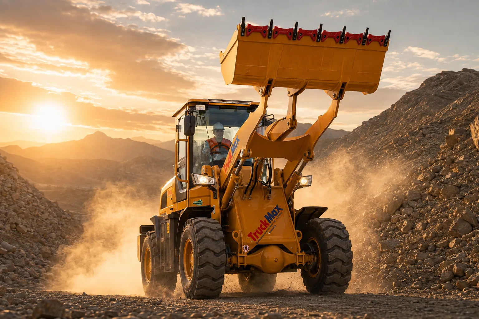 Cargador frontal TruckMax T930 levantando material en cantera
