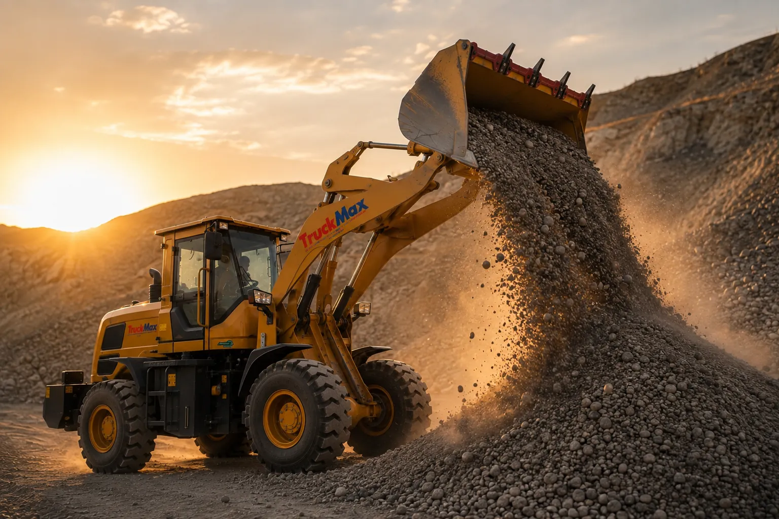 Cargador frontal TruckMax T930 descargando material sobre el terreno