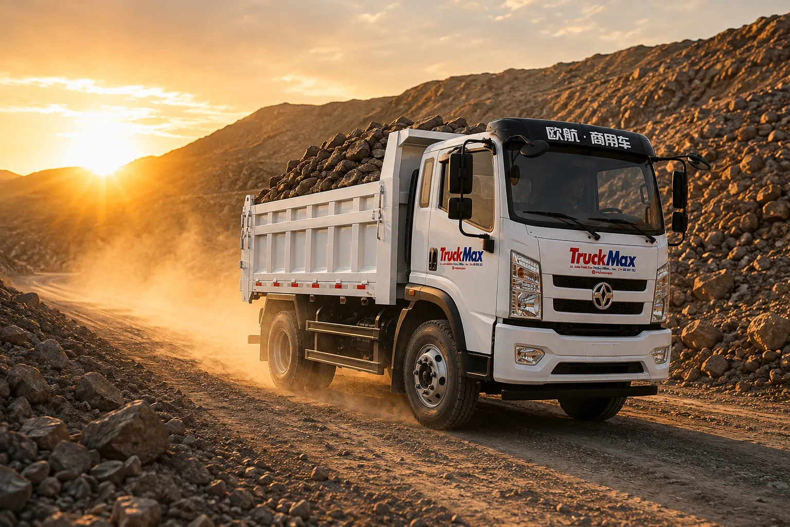 Volquete TruckMax blanco en operación con el sol de fondo
