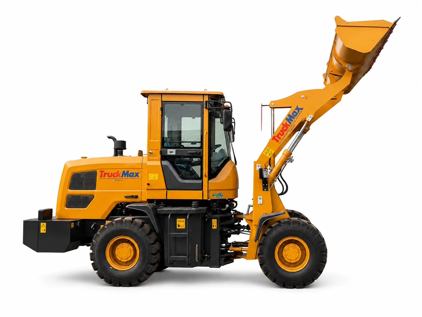 Cargador Frontal T930 de TruckMax, vista lateral con balde elevado, sobre fondo blanco