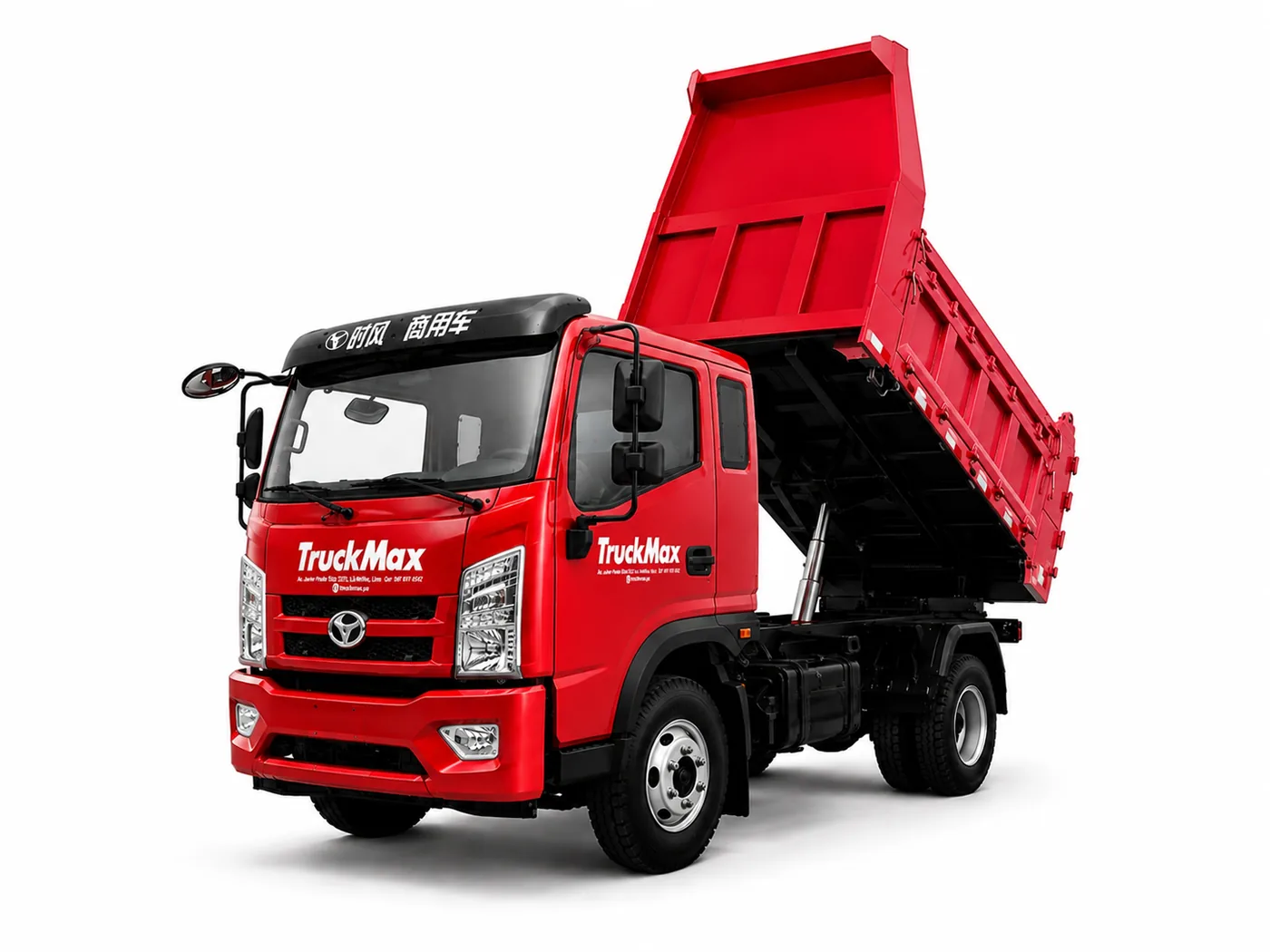 Volquete F2 Plus rojo, vista frontal con tolva levantada